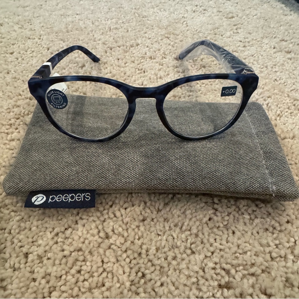 Navy Tortoise blue light glasses with storage case